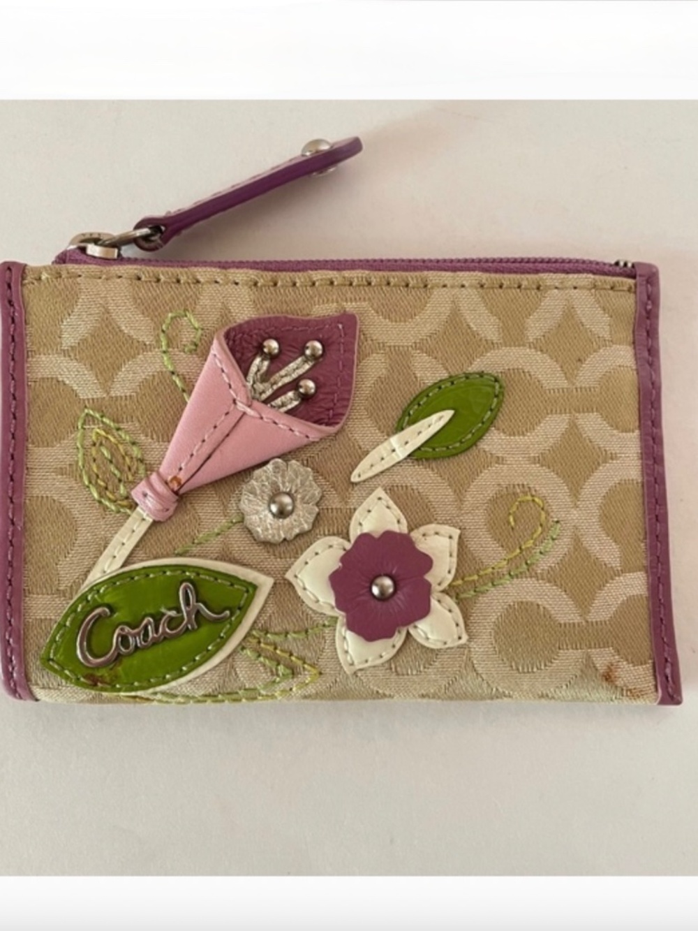 Coach Signature Canvas Calla Lily Appliqué Key Pouch Case/ Rare